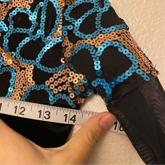 Glamour dance costume leotard black blue sequin stone mesh velvet LC large child - Picture 7 of 9